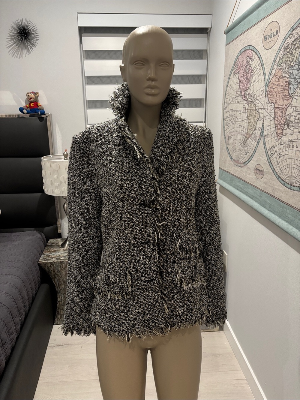 Peter Nygard Black and White Bouclé Fringe Jacket